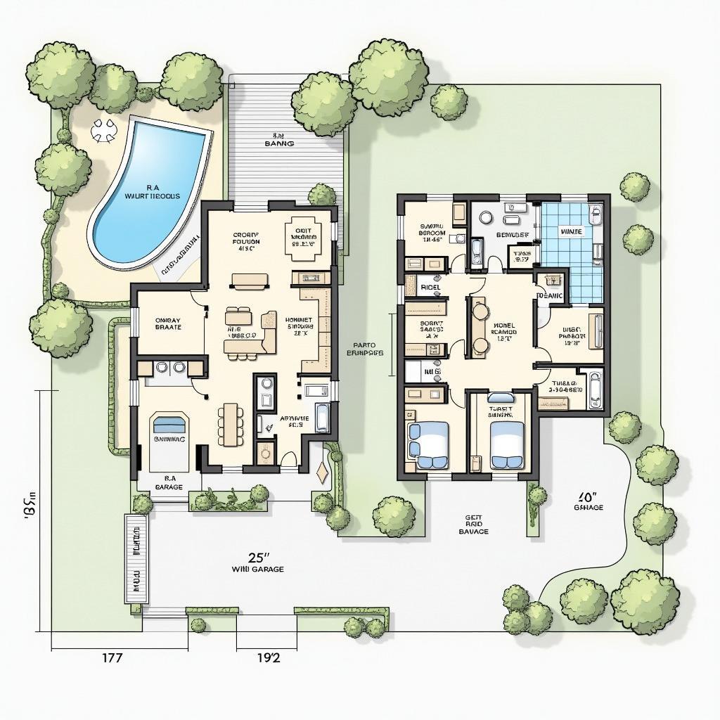 Bản vẽ mặt bằng chi tiết biệt thự vườn có gara ô tô, thể hiện bố trí các phòng chức năng, khu vực sân vườn và gara