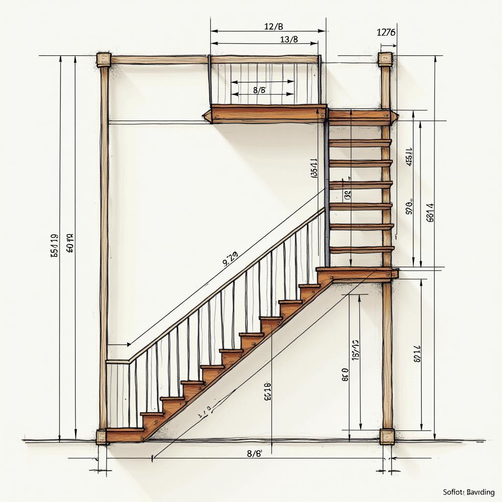Bản vẽ mặt bằng chi tiết cầu thang sắt mặt gỗ