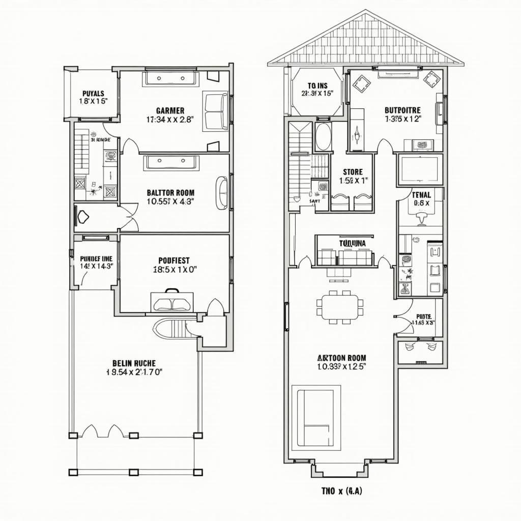 Bản vẽ mặt bằng chi tiết nhà 2 tầng có gara ô tô mái Nhật, thể hiện bố trí các phòng chức năng trên cả hai tầng