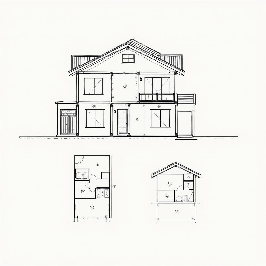 Bản vẽ mặt bằng chi tiết nhà 3 tầng mặt tiền 6m mái Nhật, thể hiện bố trí các phòng và kích thước