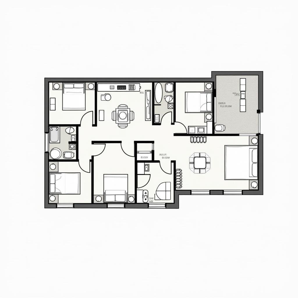 Bản vẽ mặt bằng nhà chữ L 1 tầng 3 phòng ngủ mái bằng hiện đại, tối ưu không gian, tiện nghi