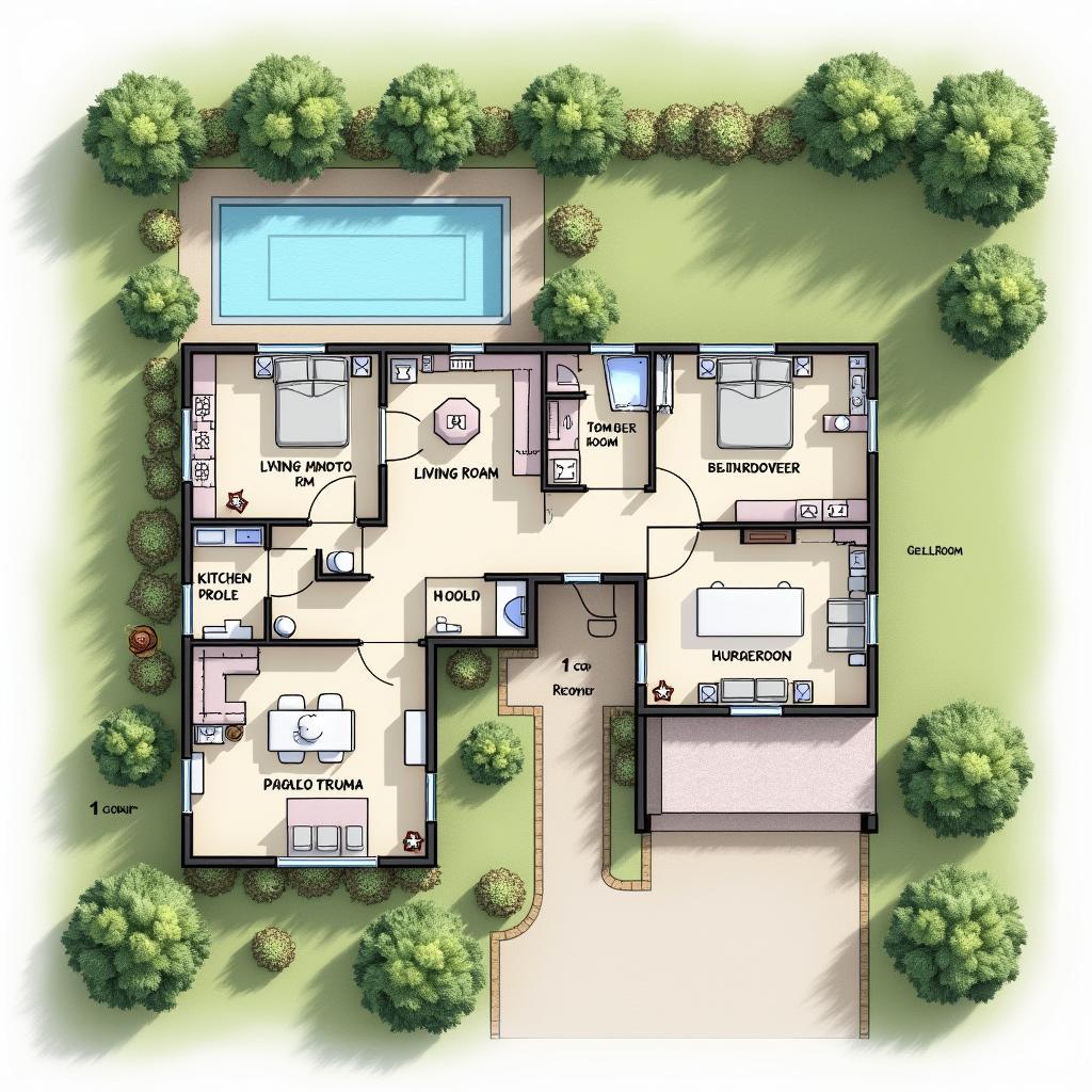 Bản vẽ mặt bằng nhà chữ L 1 tầng 3 phòng ngủ ở nông thôn, bố trí hài hòa với thiên nhiên, sân vườn rộng