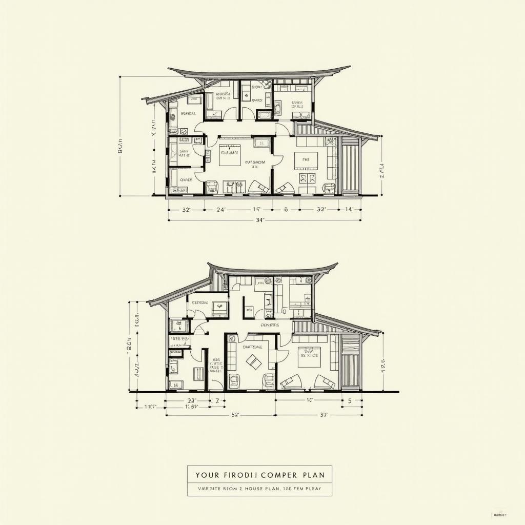 Bản vẽ mặt bằng công năng chi tiết nhà chữ L 2 tầng mái Nhật