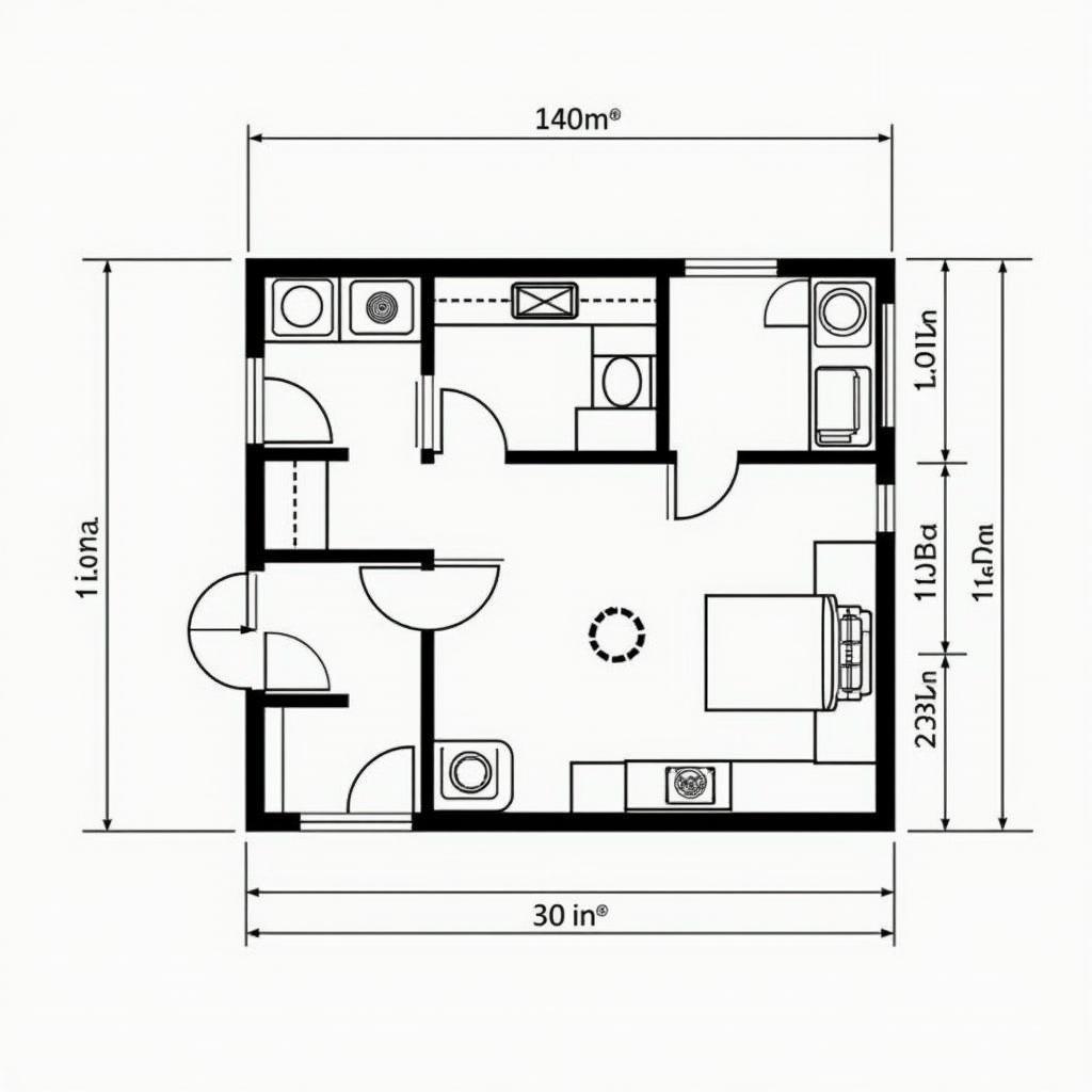 Bản vẽ mặt bằng công năng chi tiết của nhà ống 1 tầng giá rẻ, thể hiện bố trí đơn giản nhưng vẫn đầy đủ công năng