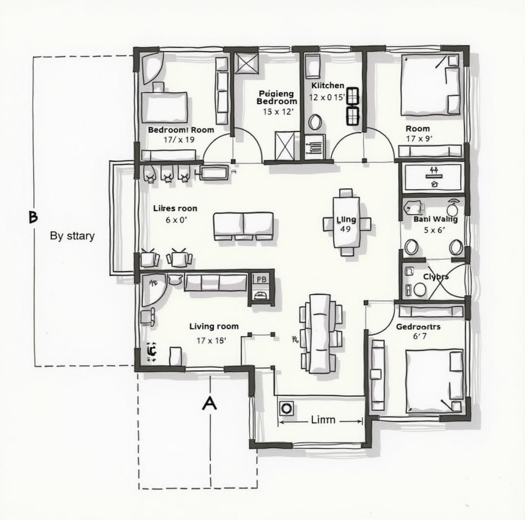 Bản vẽ mặt bằng nhà ống 1 tầng mái Thái chi tiết bố trí công năng các phòng khách bếp ngủ vệ sinh hợp lý khoa học