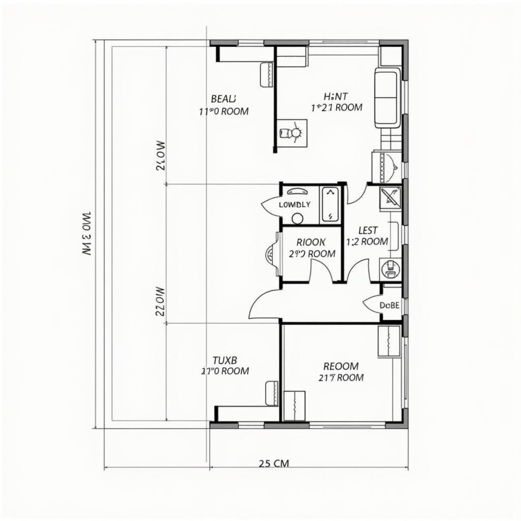 Bản vẽ mặt bằng công năng chi tiết của nhà ống 2 tầng hiện đại, thể hiện bố trí các phòng, kích thước và vị trí cửa