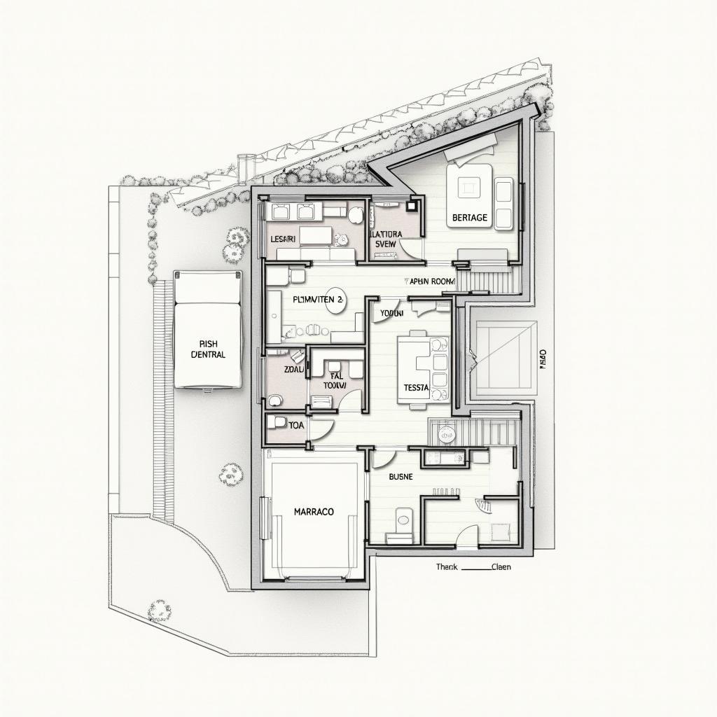 Bản vẽ mặt bằng chi tiết nhà ống 3 tầng mái Nhật, thể hiện rõ gara ô tô, sân thượng và các phòng chức năng khác