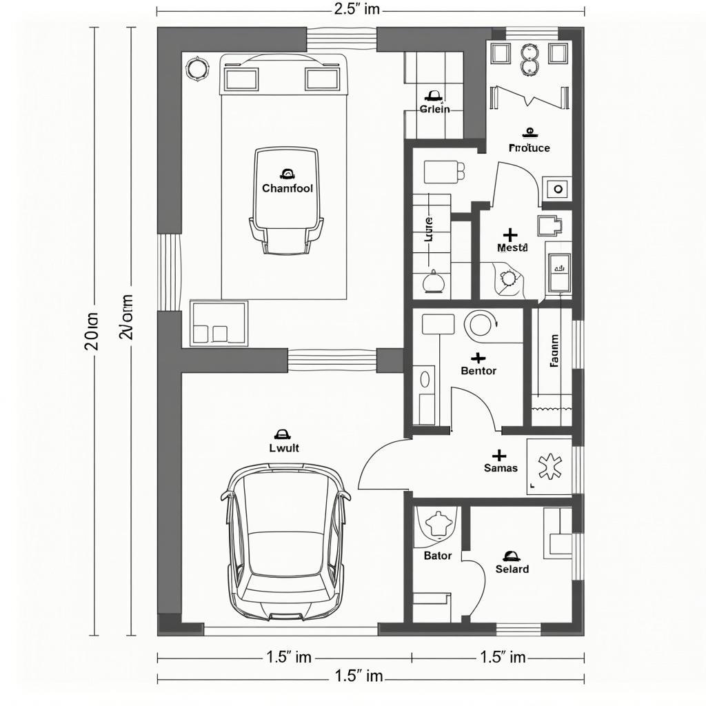 Bản vẽ mặt bằng chi tiết nhà ống có gara ô tô, thể hiện cách bố trí gara và các phòng chức năng khác một cách hợp lý và tiết kiệm diện tích