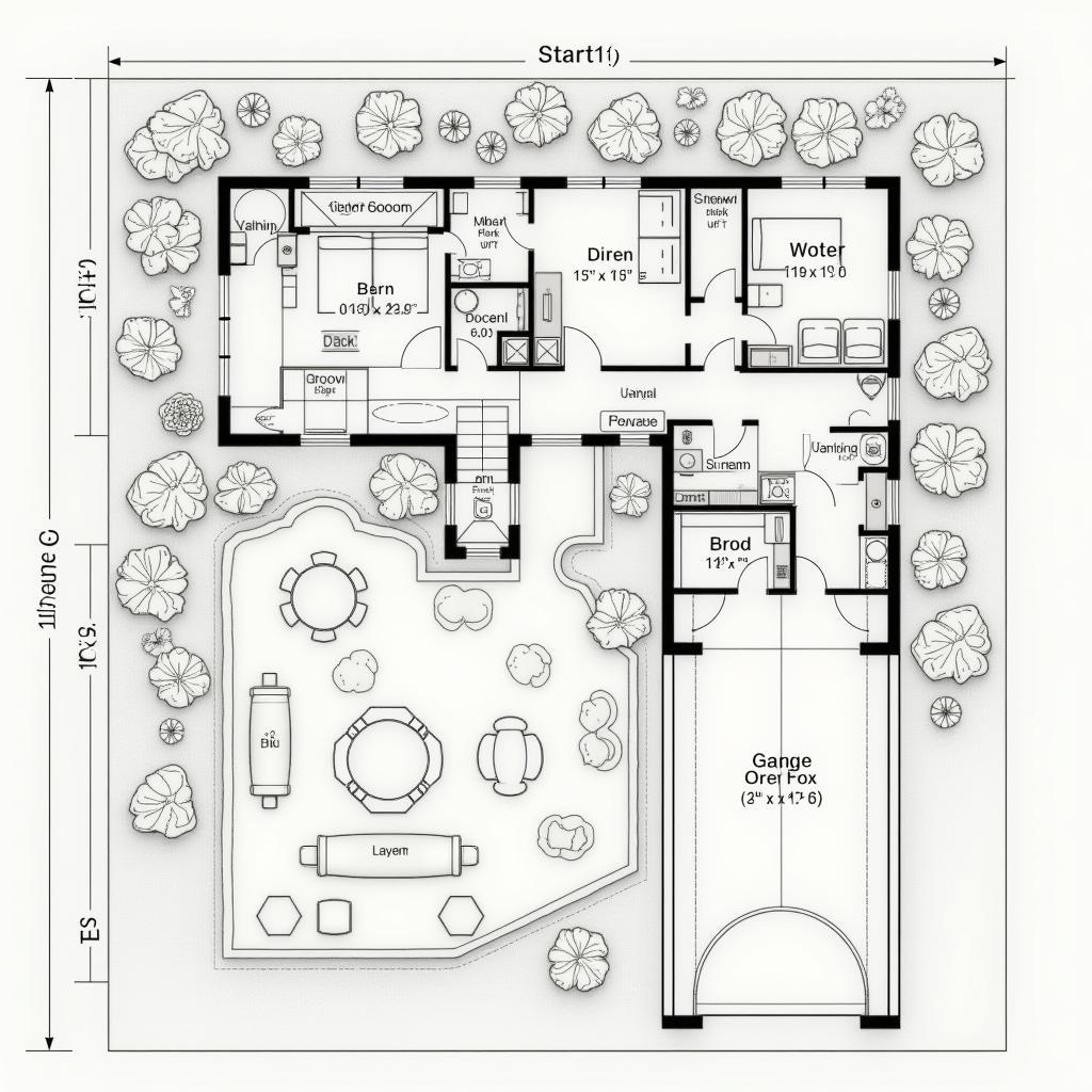 Bản vẽ mặt bằng chi tiết nhà vườn cấp 4 có gara ô tô, thể hiện sự kết nối giữa không gian sống và thiên nhiên