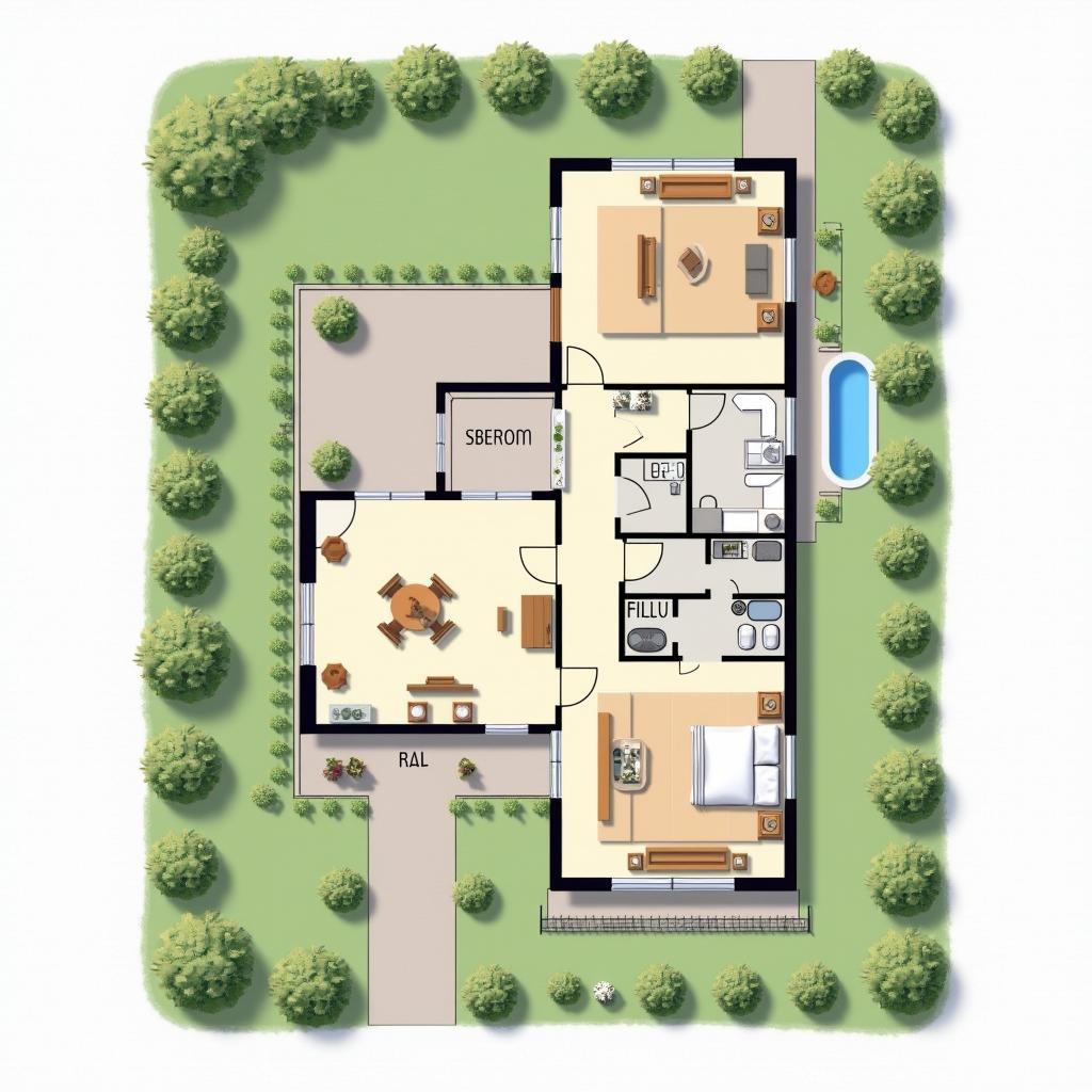 Bản vẽ nhà 2 tầng có sân vườn mặt tiền 8m với đầy đủ các khu vực chức năng và không gian xanh.