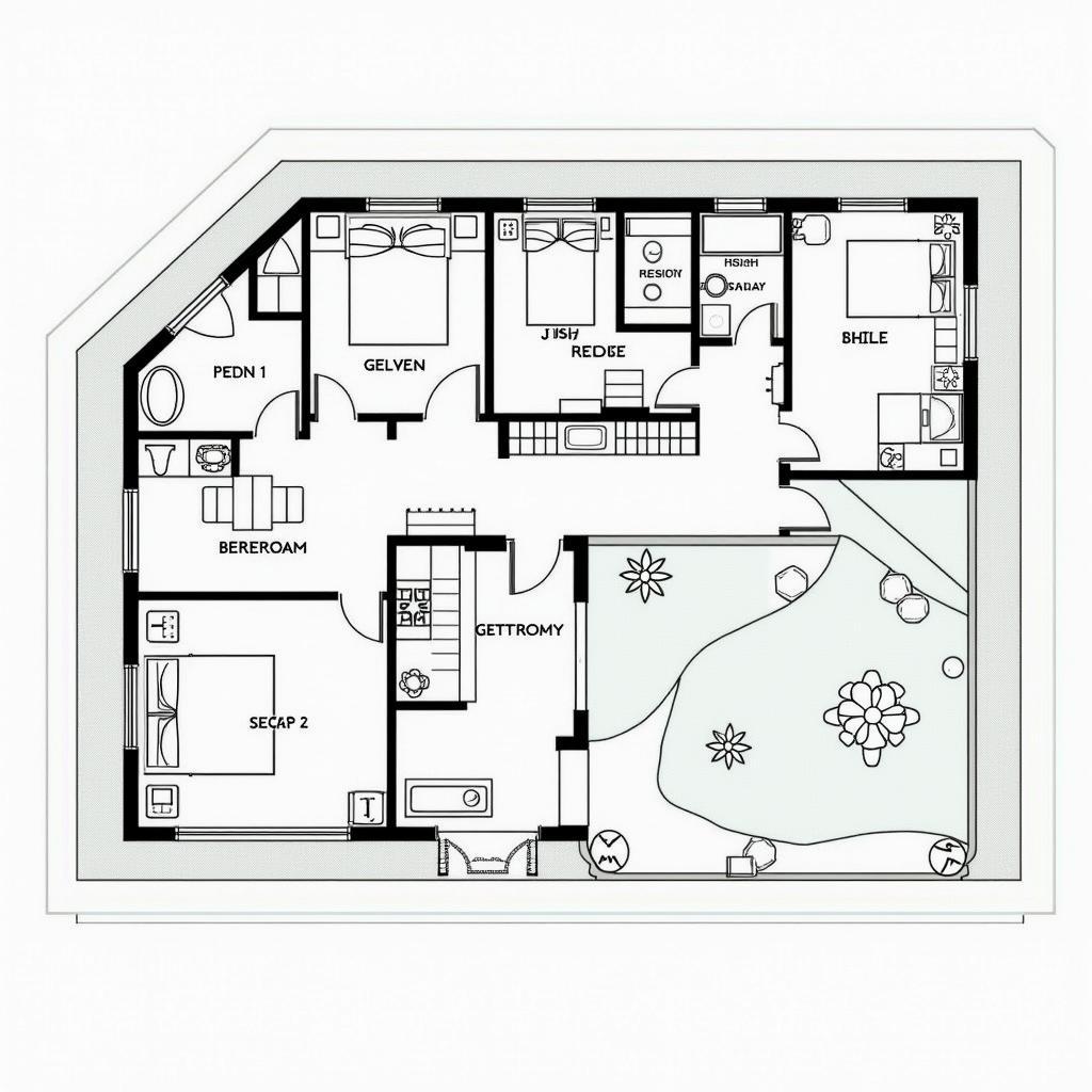 Bản vẽ nhà cấp 4 chữ L có sân vườn và bố trí phòng hợp lý