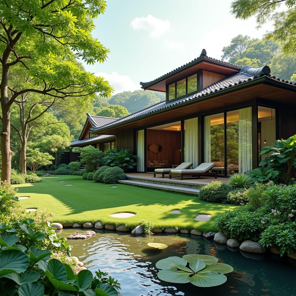 Mẫu biệt thự mái nhật vườn xanh mát, mang đến không gian sống thư giãn và gần gũi thiên nhiên