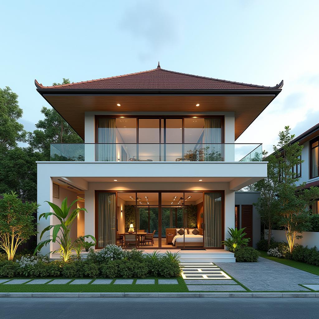 Biệt thự mini 2 tầng mái Thái với kiến trúc đẹp mắt và sân vườn rộng rãi