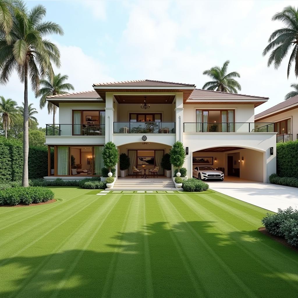 Mẫu biệt thự vườn có gara ô tô sang trọng với kiến trúc bề thế, sử dụng vật liệu cao cấp và cảnh quan xanh mát