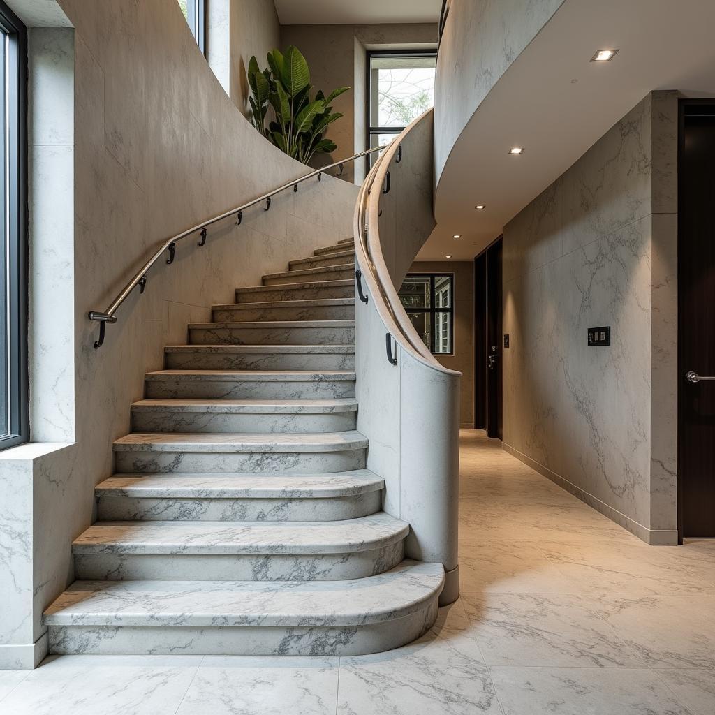 Cầu thang bê tông ốp đá granite cao cấp, tay vịn inox, phong cách hiện đại