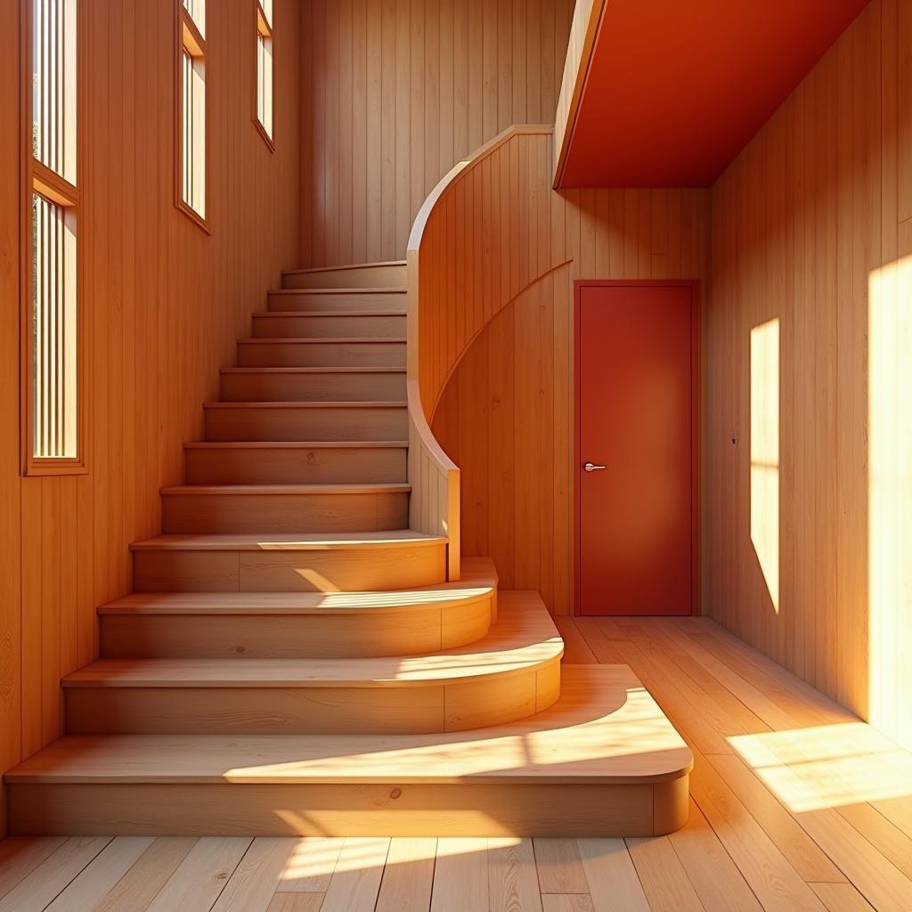 Cầu thang gỗ gõ đỏ nhà ống tự nhiên với thiết kế đơn giản, màu sắc tươi sáng và vân gỗ đẹp, tạo cảm giác ấm áp và gần gũi