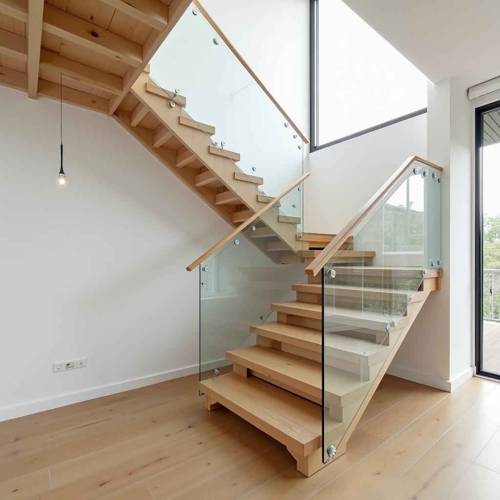 Cầu thang gỗ kết hợp kính cường lực nhà ống hiện đại với thiết kế tối giản, lan can kính trong suốt và tay vịn gỗ, mang đến vẻ đẹp thanh lịch và thông thoáng