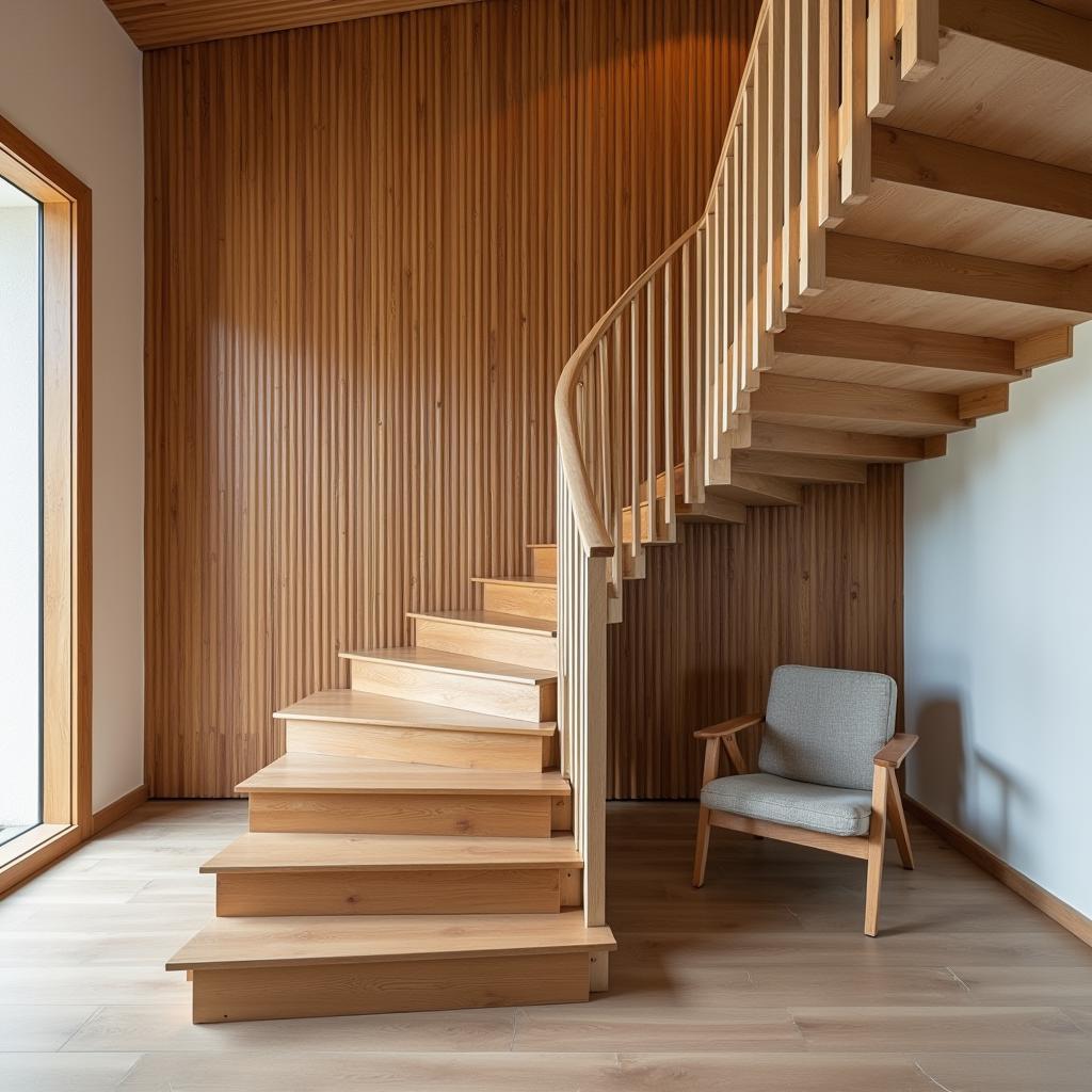 Cầu thang gỗ kết hợp lam gỗ trang trí nhà ống với thiết kế sáng tạo, lam gỗ làm vách ngăn và tạo điểm nhấn ấn tượng
