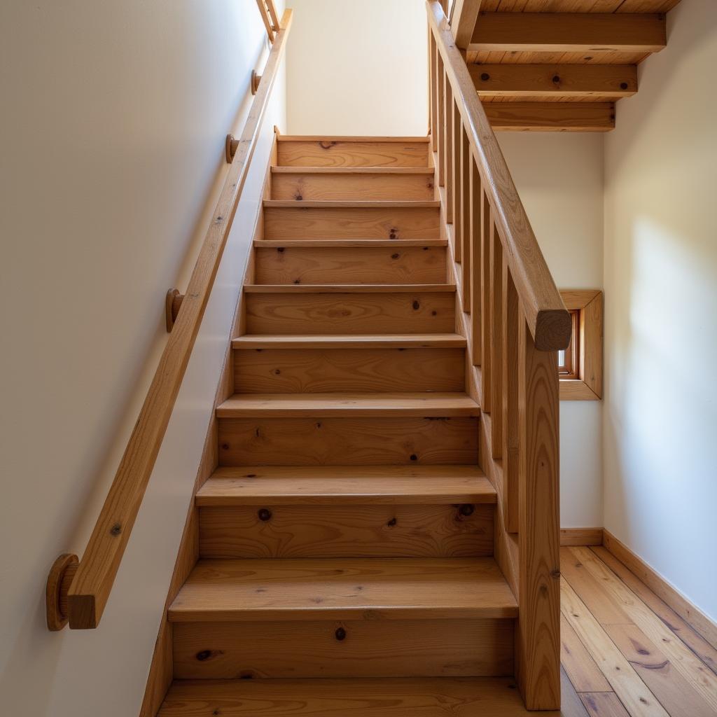 Cầu thang gỗ lim Nam Phi nhà ống chắc chắn với thiết kế đơn giản, bậc gỗ dày và tay vịn gỗ vuông, mang đến cảm giác an toàn và vững chãi