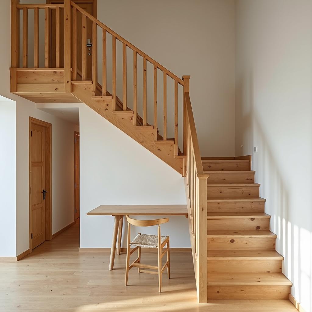 Cầu thang gỗ nhà cấp 4 gác lửng đơn giản, ấm cúng, mang đến vẻ đẹp tự nhiên và gần gũi cho không gian