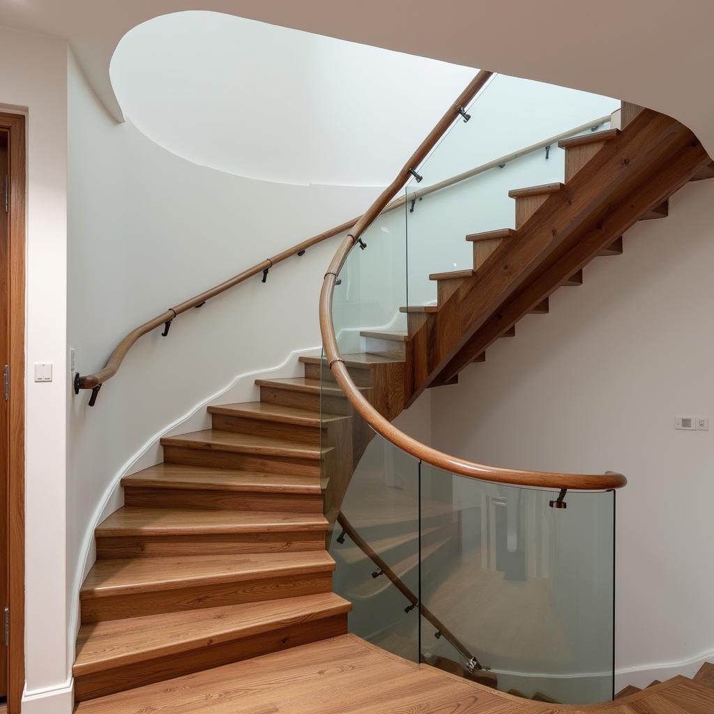 Cầu thang gỗ óc chó nhà ống sang trọng với thiết kế tối giản, tay vịn gỗ tròn và lan can kính cường lực, mang đến vẻ đẹp hiện đại và tinh tế