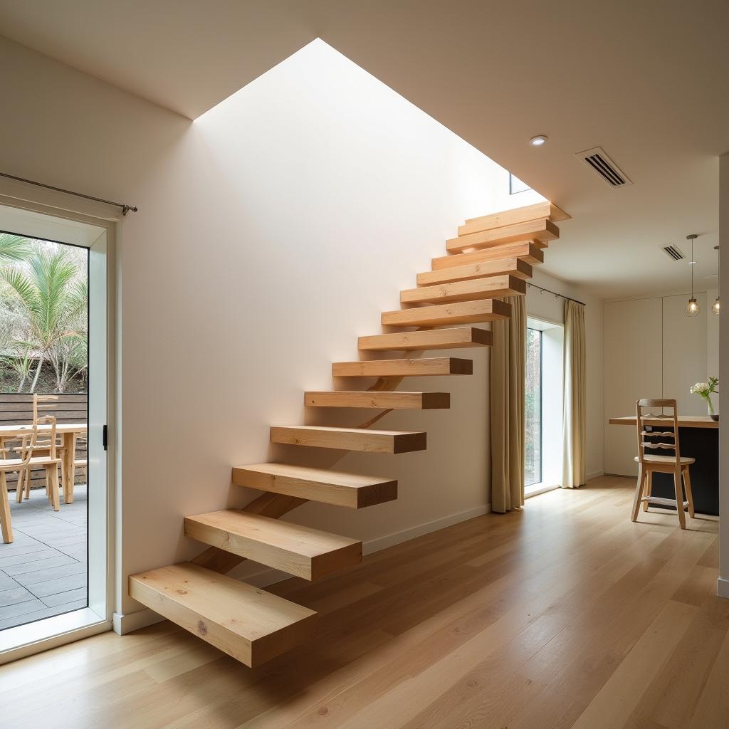 Cầu thang gỗ treo nhà ống độc đáo với thiết kế bậc thang lơ lửng, tạo cảm giác nhẹ nhàng và thanh thoát cho không gian