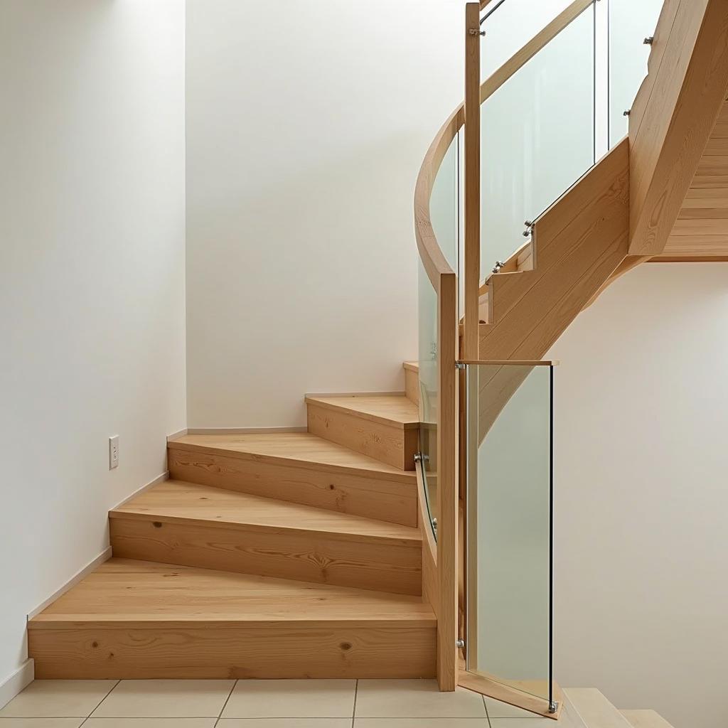 Cầu thang gỗ tự nhiên hiện đại, tay vịn gỗ, bậc thang gỗ, lan can kính cường lực