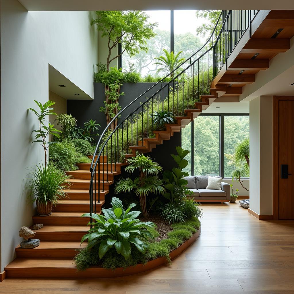 Cầu thang kết hợp tiểu cảnh xanh mát nhà cấp 4 gác lửng, mang thiên nhiên vào không gian sống