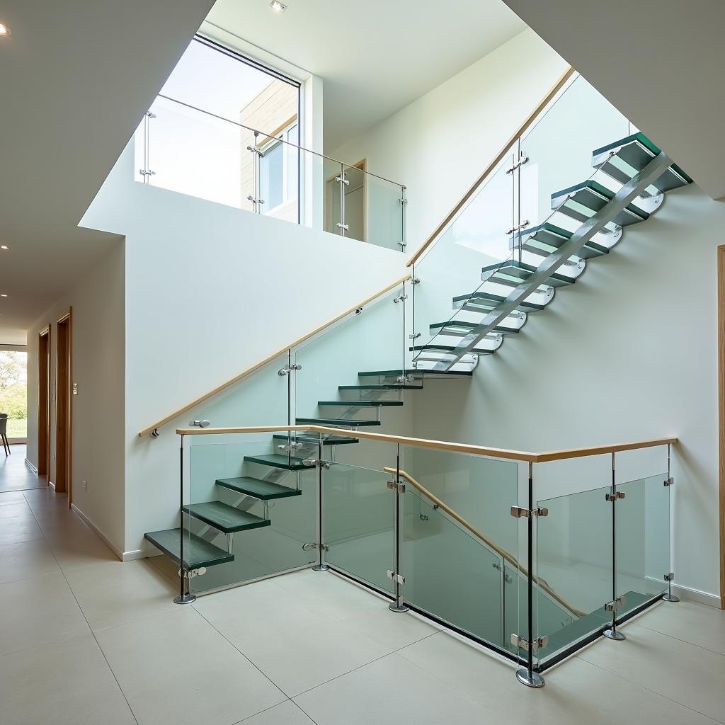 Cầu thang kính cường lực nhà cấp 4 gác lửng hiện đại, tạo cảm giác thông thoáng và rộng rãi cho không gian