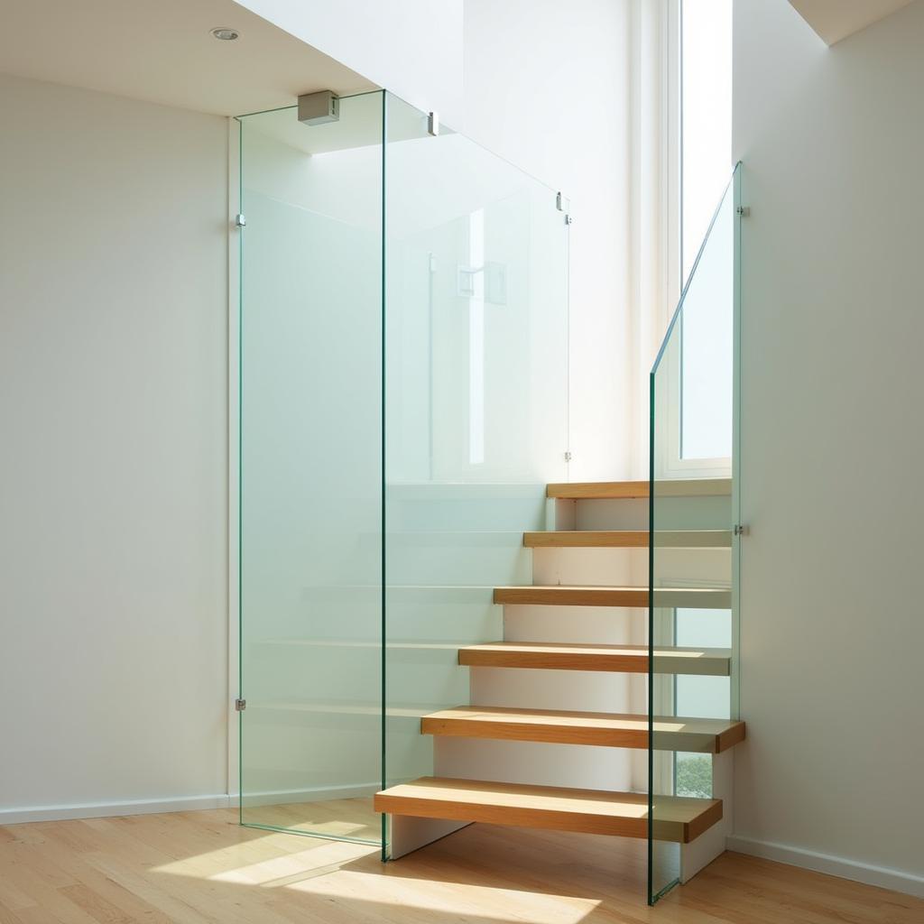 Cầu thang kính cường lực tối giản, không tay vịn, bậc thang gỗ, ánh sáng tự nhiên