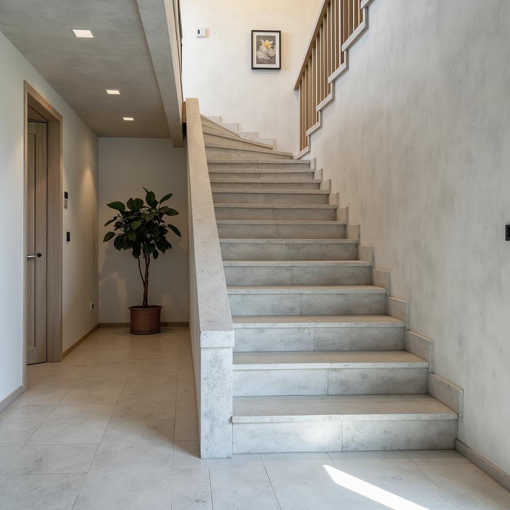 Cầu thang nhà ống bê tông ốp đá granite đơn giản và bền bỉ