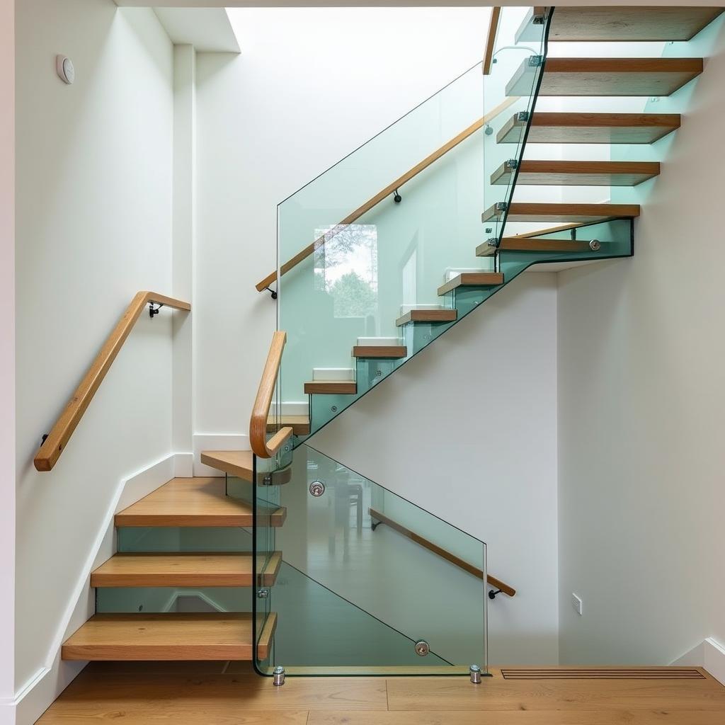 Cầu thang nhà ống kính cường lực tay vịn gỗ hiện đại và tinh tế
