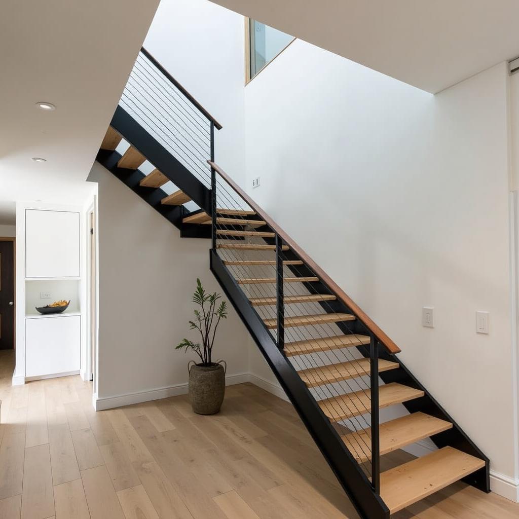 Cầu thang nhà ống sắt mặt gỗ đơn giản cho nhà phố hiện đại