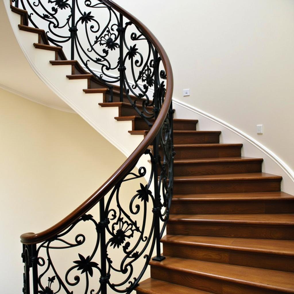 Cầu thang sắt mỹ thuật hoa văn, tay vịn sắt uốn, bậc thang gỗ, phong cách cổ điển
