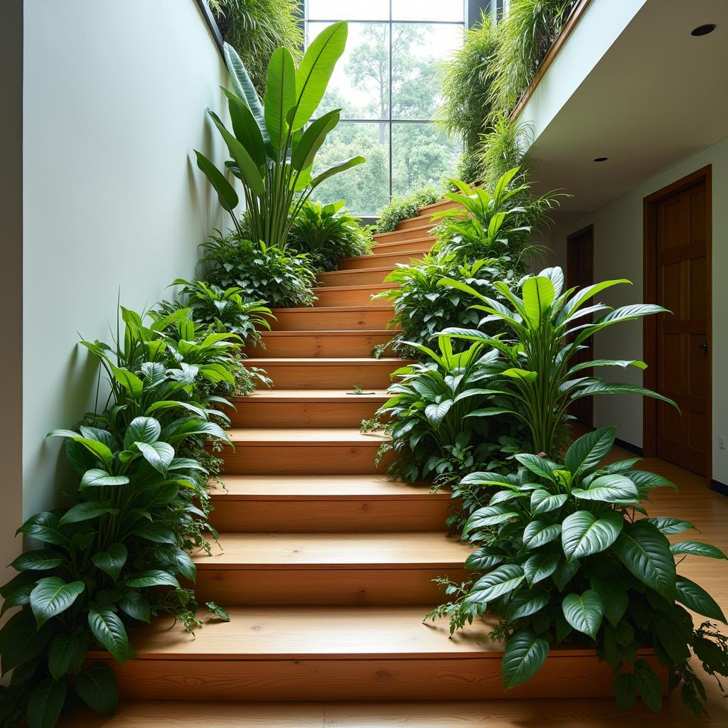 Cầu thang kết hợp tiểu cảnh cây xanh, bậc thang gỗ, cây xanh trang trí, không gian xanh mát