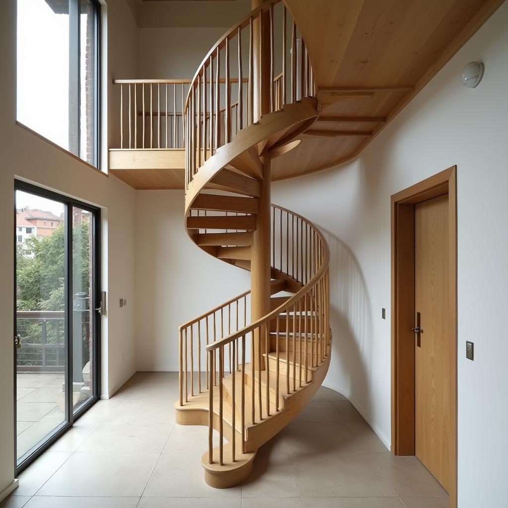 Cầu thang xoắn ốc độc đáo nhà cấp 4 gác lửng, tạo điểm nhấn ấn tượng cho không gian