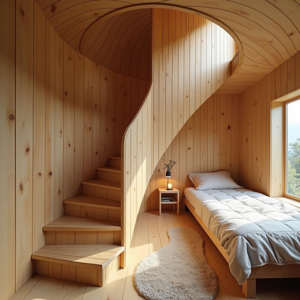 Cầu thang xoắn ốc gỗ cho nhà ống nhỏ với thiết kế độc đáo, tiết kiệm diện tích và tạo điểm nhấn ấn tượng cho không gian