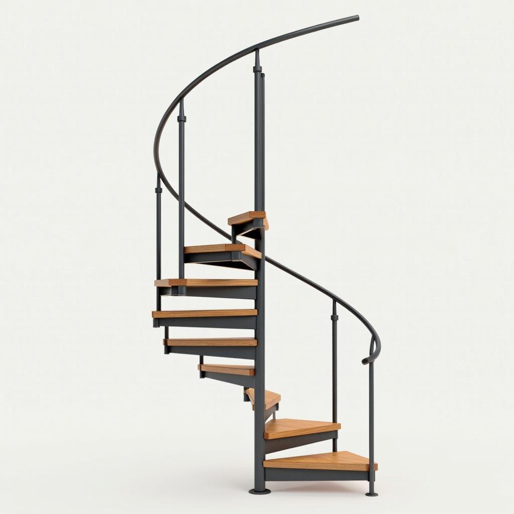 Cầu thang xoắn ốc nhỏ gọn, tay vịn kim loại, bậc thang gỗ, thiết kế hiện đại