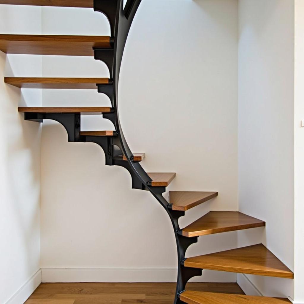 Cầu thang xương cá thiết kế độc đáo, bậc thang gỗ, khung thép, phong cách hiện đại