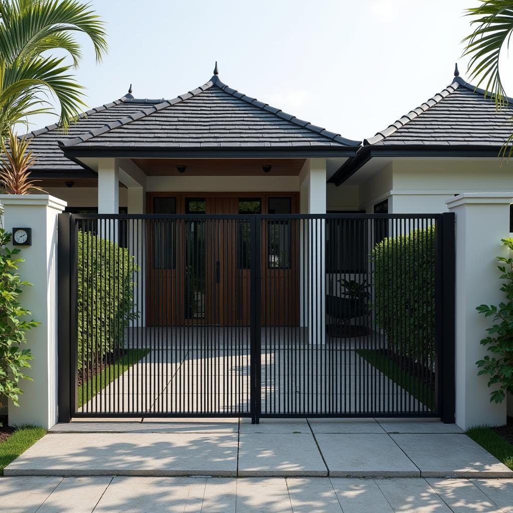 cổng mái thái sắt hộp hiện đại với thiết kế đơn giản và màu sắc trang nhã