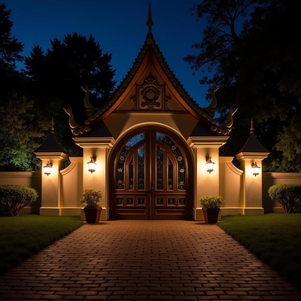 cổng nhà mái thái có đèn trang trí chiếu sáng vào ban đêm
