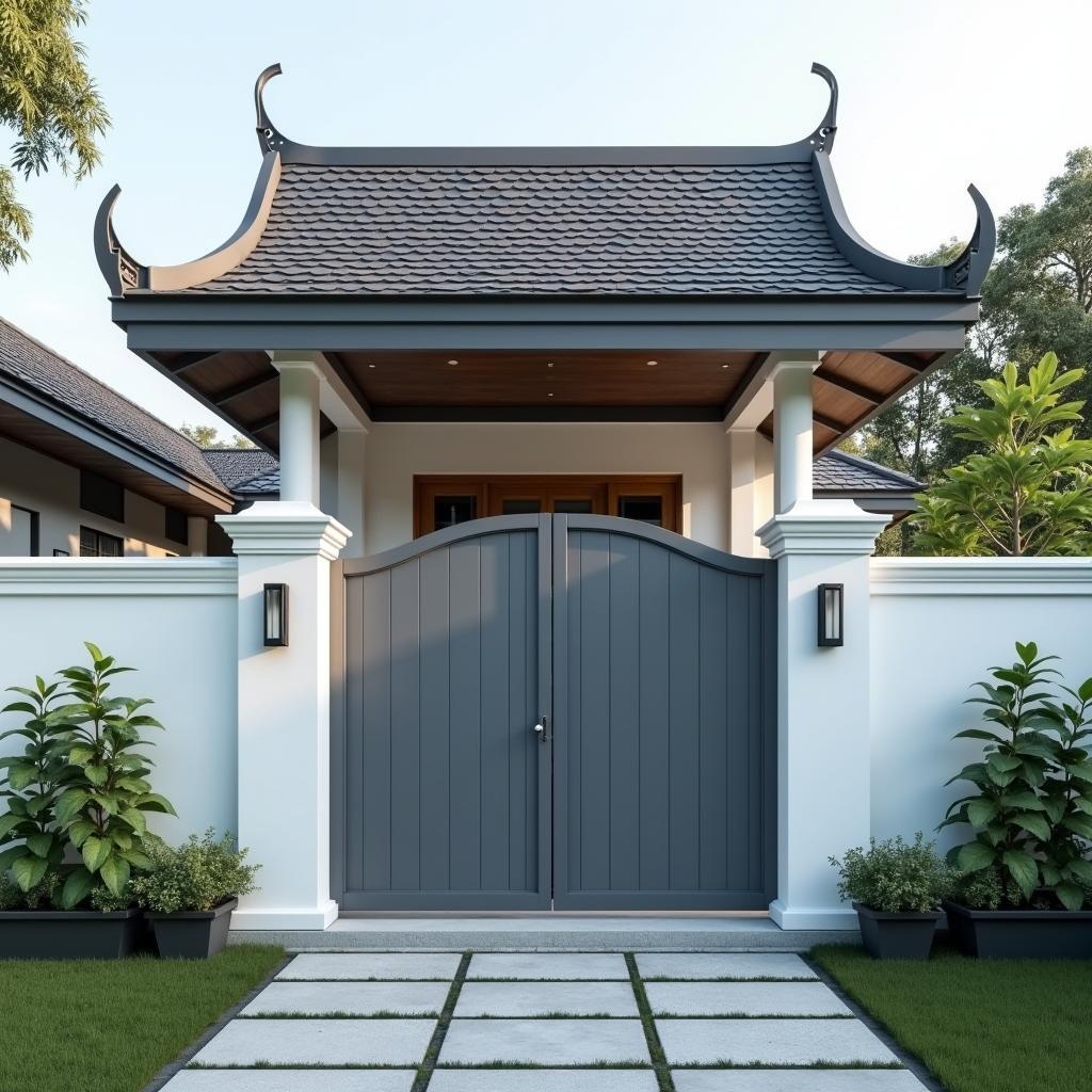 cổng nhà mái thái đơn giản với thiết kế tối giản và màu sắc trang nhã