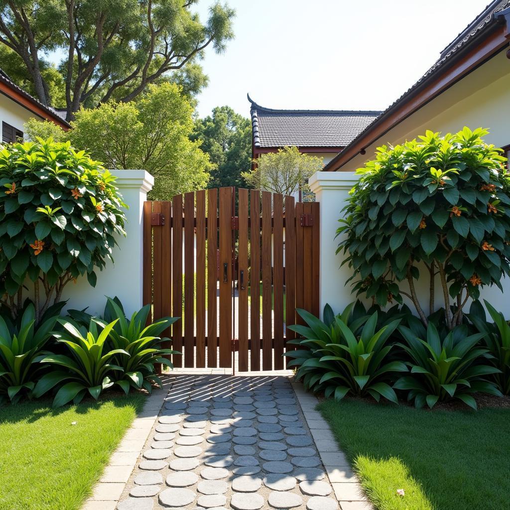 cổng nhà mái thái kết hợp tường rào với thiết kế hài hòa và cây xanh trang trí