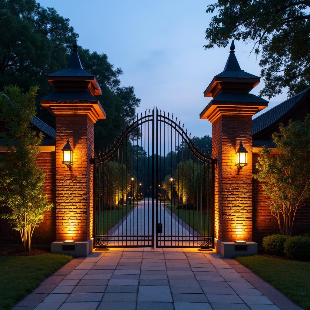 cổng nhà mái thái với trụ gạch vững chãi kết hợp cùng đèn trang trí ấn tượng