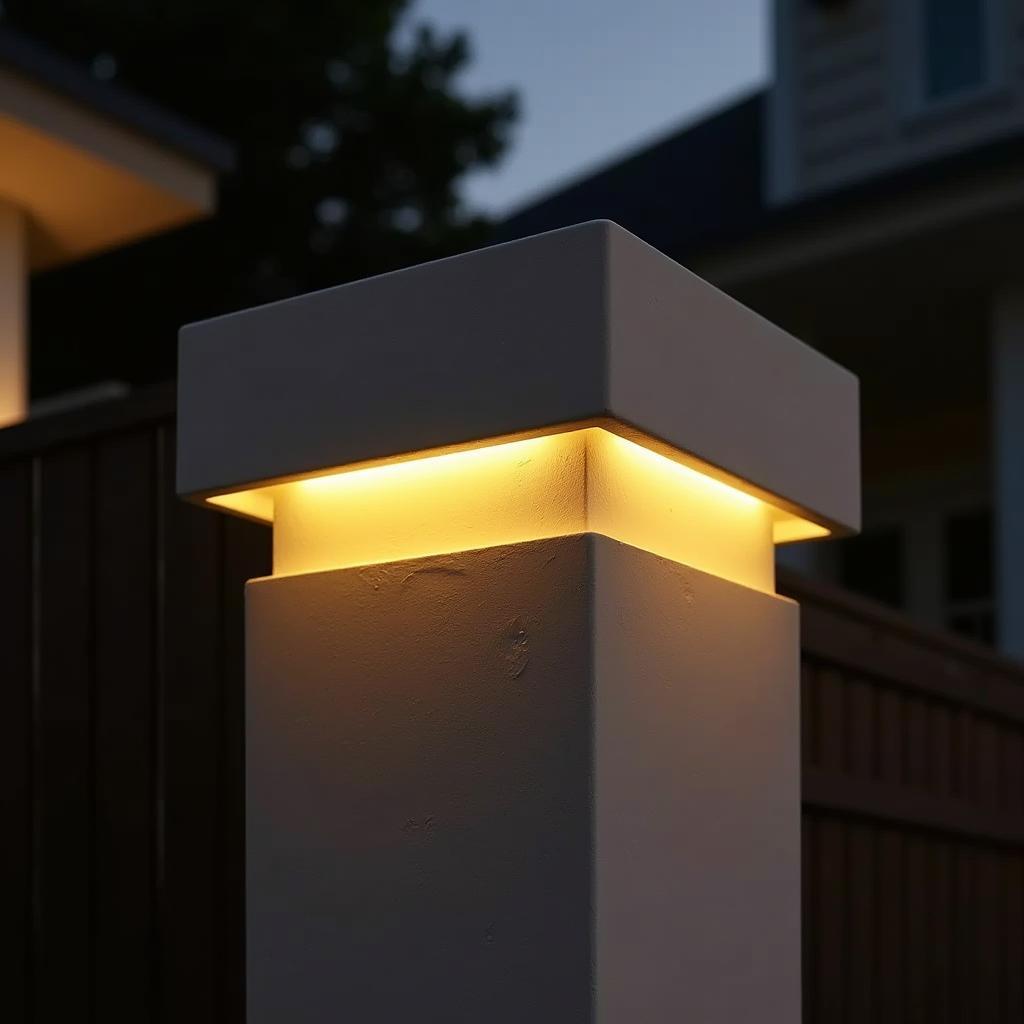 Cột nhà vuông kết hợp đèn LED, ánh sáng vàng ấm, cho nhà phố hiện đại