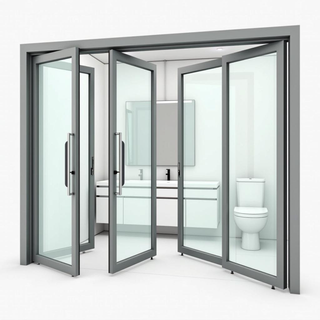 Cửa nhôm Xingfa gập trượt kính mờ, tạo không gian mở rộng, phù hợp cho nhà vệ sinh lớn