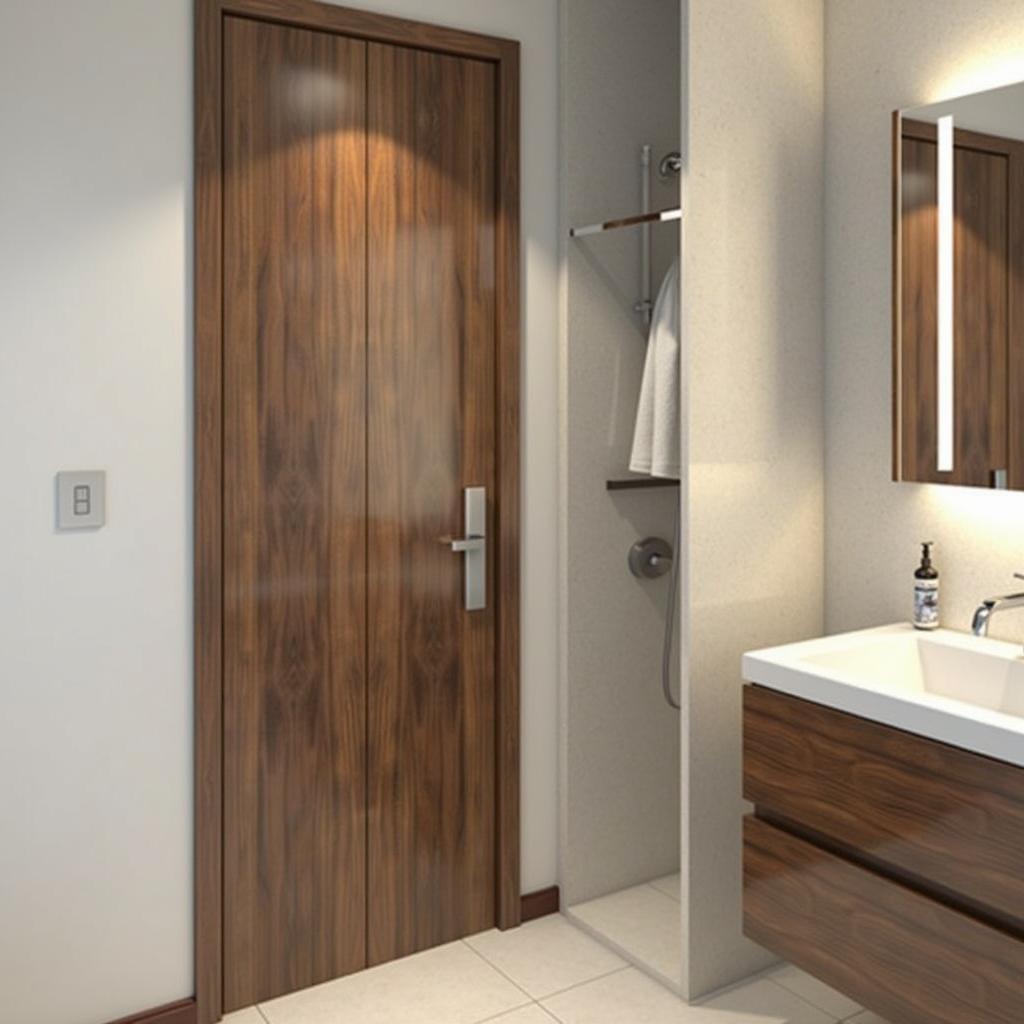 Cửa nhôm Xingfa vân gỗ kính trắng, mang đến vẻ đẹp ấm cúng, sang trọng cho nhà vệ sinh