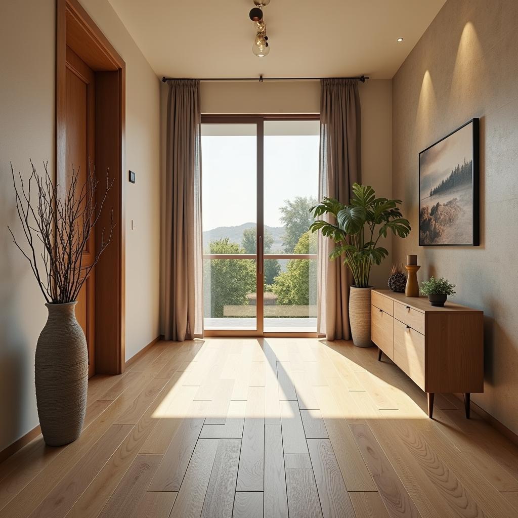 Gạch giả gỗ sồi tự nhiên lát sảnh nhà, tạo không gian ấm cúng và gần gũi