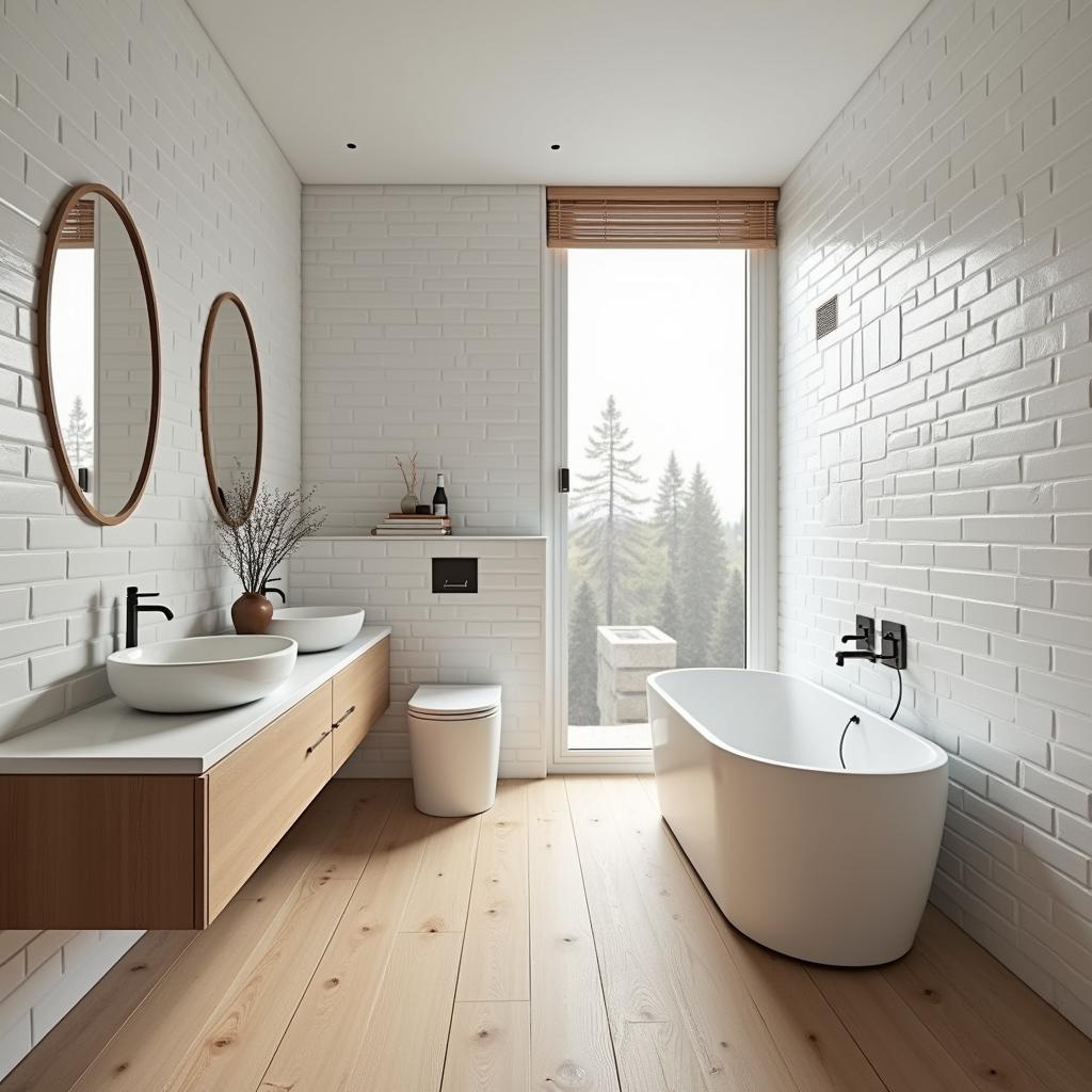 Gạch ốp lát nhà vệ sinh phong cách Scandinavian với tông màu trắng và vân gỗ