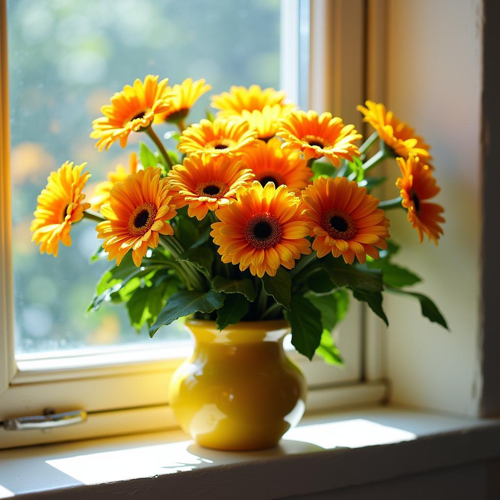 mẫu cắm hoa đồng tiền và lá xanh nhà thờ tươi vui thịnh vượng